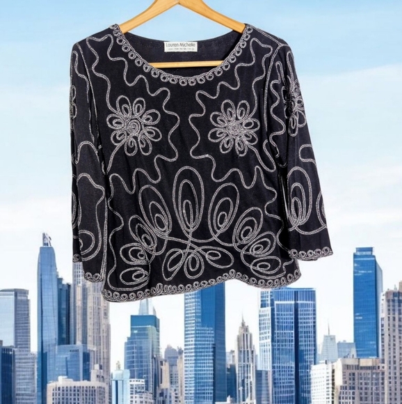 Lauren Michelle Sz M Vintage Black Embroidered Top - Picture 1 of 6